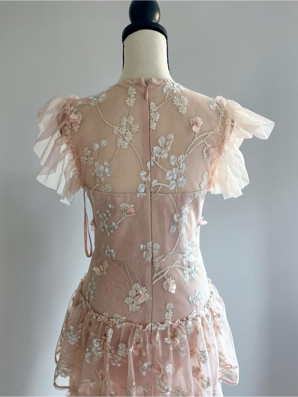 BCBGMAXAZRIA Blush 3D Floral Appliqué Tiered Tulle Maxi Dress Formal Gown Sz 8 - Picture 12 of 15